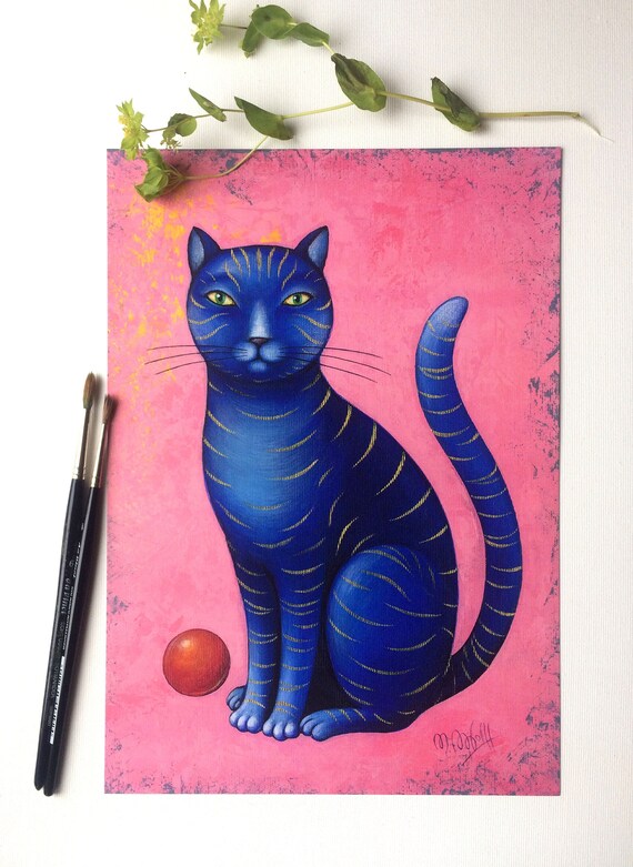 Blue cat print, cat picture poster, art poster A4 pink picture