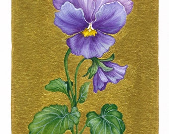 Original Painting Pansy Watercolor Gold on Paper Small Original Painting