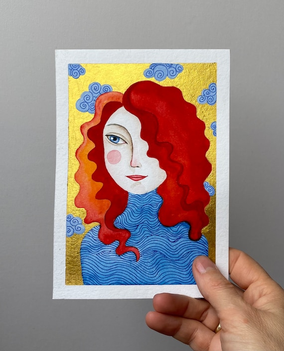 Original Painting Portrait Watercolor Gold on Paper Small Original Painting