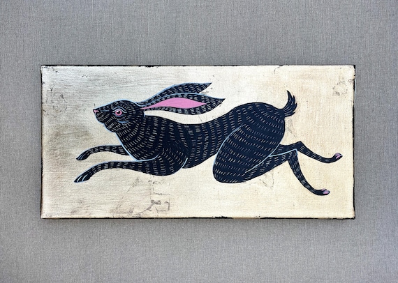 Schwarzer Hase auf Blattgold,  20 × 40 cm , Original Acryl auf Leinwand