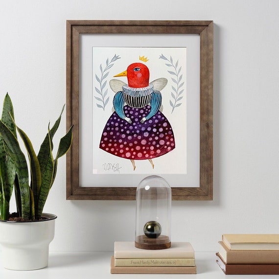 Watercolor original bird queen, Original on Watercolor Paper, Original Painting with Passepartout