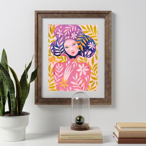 Original Floral Portrait – 30×40 cm Acryl auf Papier – Pink & Violet Botanical Woman