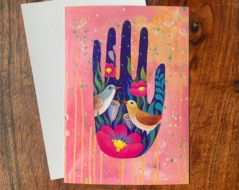 Postcard hand A6 art card, protective hand, art print esoteric decoration, magical hand print