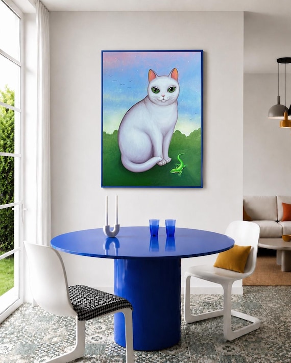 Katze mit Eidechse,  Acryl auf Leinwand 60 × 80 cm, 2026