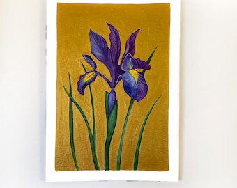 Original Painting Iris Watercolor Gold on Paper Small Original Paintings