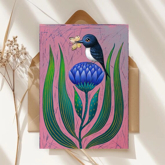 Postkarte A6-Schwalbe mit Schmetterling