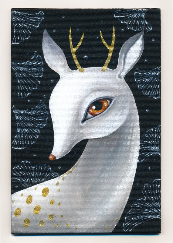 White deer and ginkgo leaves acrylic original, framed picture, silver frame
