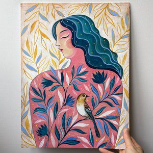Retrato de pintura original com pássaro, tela 30x40 cm sobre papelão, arte de parede, arte original