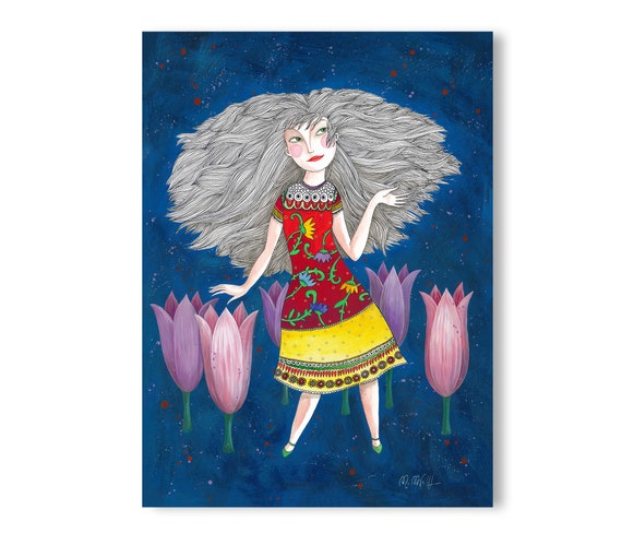 Tulips Colorful Girl Original acrylic painting on paper 30 x 40cm