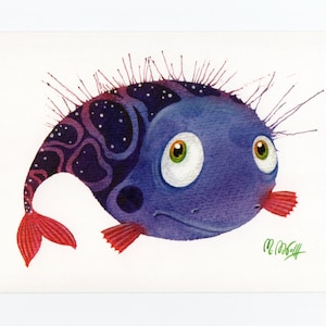 Carte postale carte de voeux Poisson violet bleu aquarelle