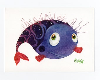 May include: A watercolour illustration of a cartoon fish. The fish is mainly blue with purple and white patterned accents. It has large green eyes, red fins, and spiky protrusions. The artist's signature is in green.