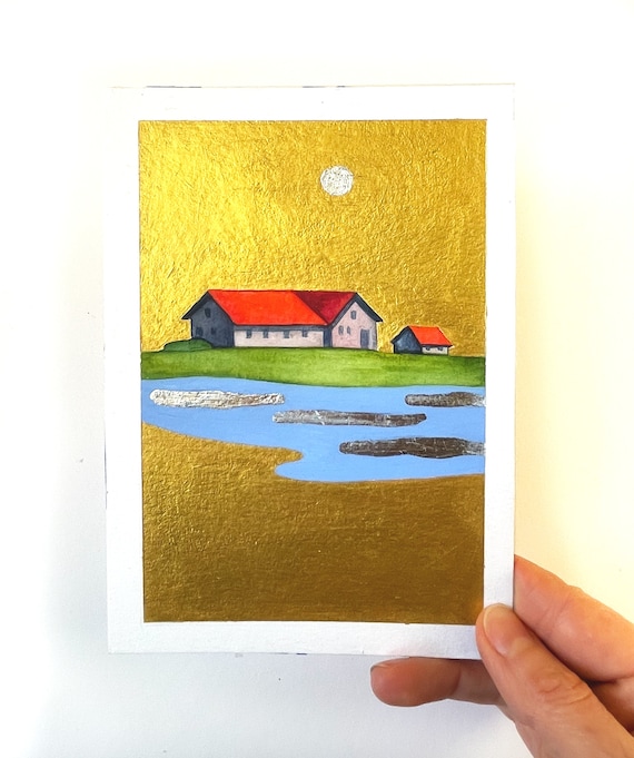 Original Painting House by the Lake Watercolor Gold on Paper Small Original Paintings