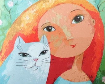 Postcard Girl with Cat Animal Lovers  Artist: Rita Wolff