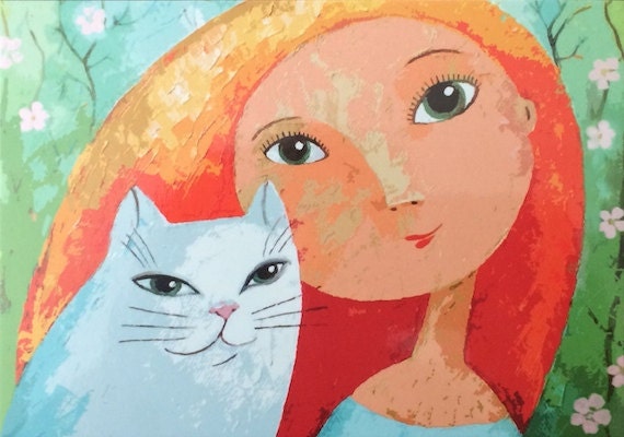 Postcard Girl with Cat Animal Lovers  Artist: Rita Wolff