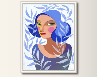 Portrait Blue Original Acrylic Painting, Hand Painted Painting Girl with twig blue plants