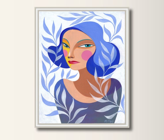 Portrait Blue Original Acrylic Painting, Hand Painted Painting Girl with twig blue plants