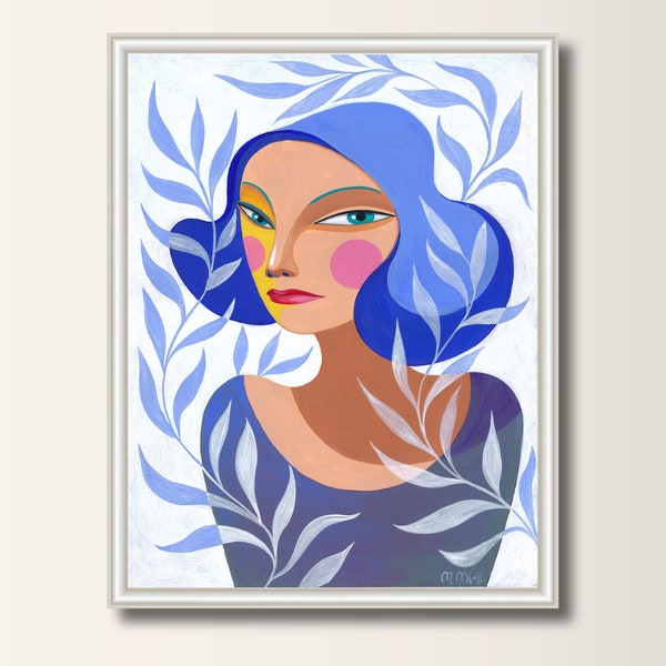 Portrait Blue Original Acrylic Painting, Hand Painted Painting Girl with twig blue plants