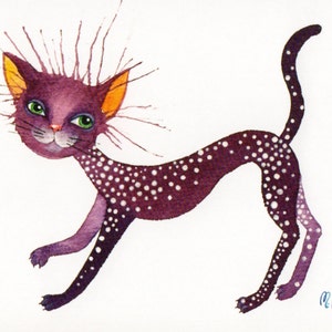 Cartão postal, A6, Cat Purple, cartão postal artístico, aquarela, ilustração