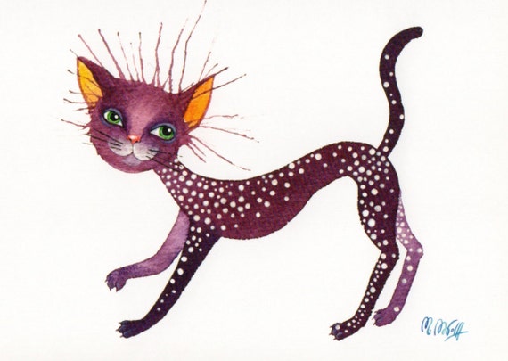 Postcard, A6, cat purple, art postcard, watercolor, illustration