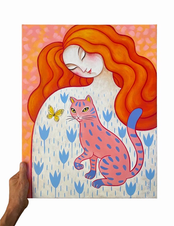 Colorful Acrylic Painting “Woman with Cat and Butterfly” – Original 40x50 cm on Canvas