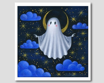 Little Ghost Print - Art Print - Halloween Ghost Art - Creepy Wall Decor - Creepy Cute Art - Moon and Stars