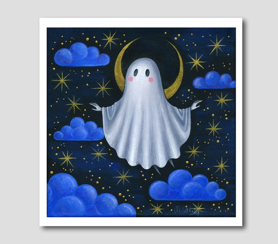 Little Ghost Print - Art Print - Halloween Ghost Art - Creepy Wall Decor - Creepy Cute Art - Moon and Stars