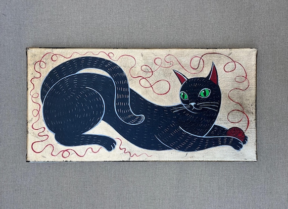 Black Cat Gold Leaf Painting | Original Acrylic on Canvas | 20 x 40 cm | Modern Minimalist Cat Art | One of a Kind