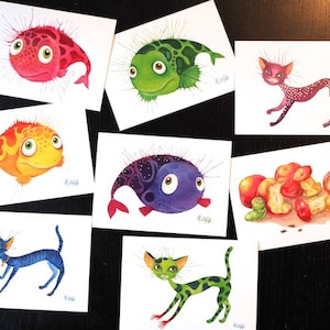Conjunto de 8 postales postales acuarelas tarjetas de felicitación gatos peces