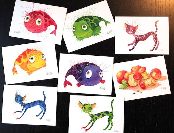 Set of 8 postcards watercolor postcards greeting cards cats fish