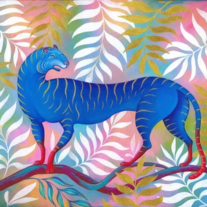 Impresión de tigre, arte de impresión, ilustración de tigre azul, tigre colorido, arte de estilo bohemio, arte de pared maximalista