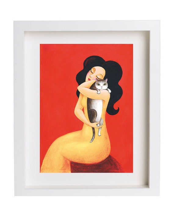 Cat print, cat painting, woman portrait, woman cat print, woman with cat print Modern cat lover poster