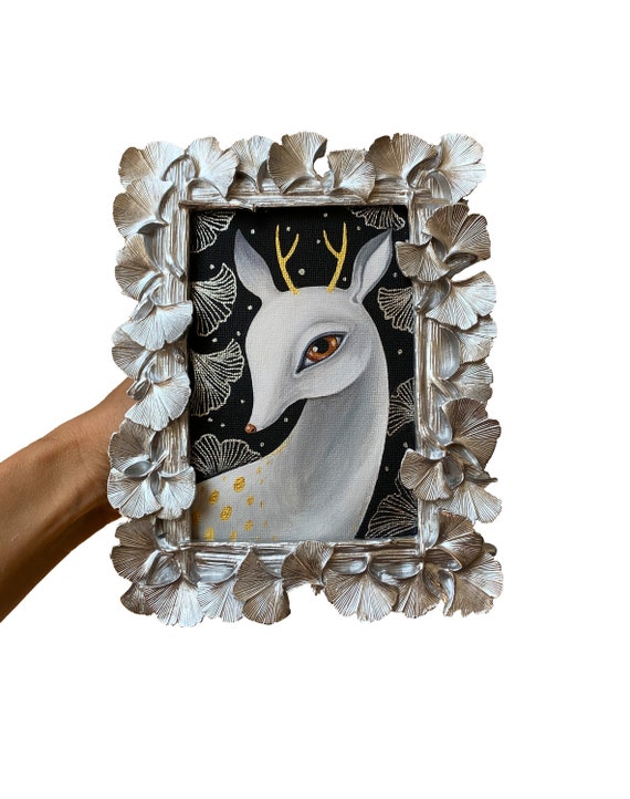 White deer and ginkgo leaves acrylic original, framed picture, silver frame