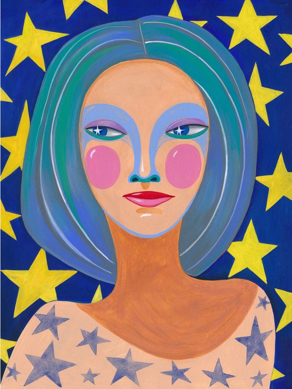 Portrait Blue Original Acrylic Painting, Hand Painted Painting Girl Stars