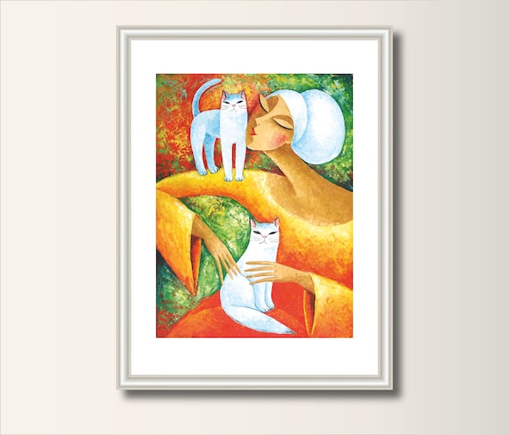 woman with cat, picture, art print, print of original acrylic painting , A4 (297 x 210mm), (11.7 x 8.3 in)