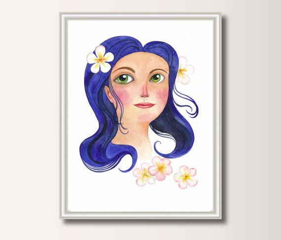 Original painting girl portrait with blue hair watercolor acrylic illustration by Margarita Wolff