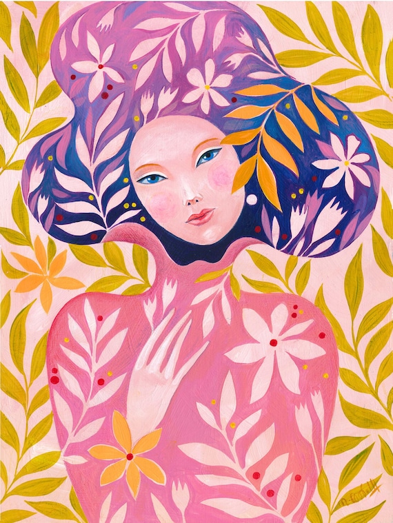 Original Floral Portrait – 30×40 cm Acryl auf Papier – Pink & Violet Botanical Woman