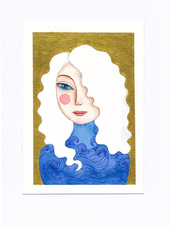 Original Painting Portrait Watercolor Gold on Paper Small Original Painting