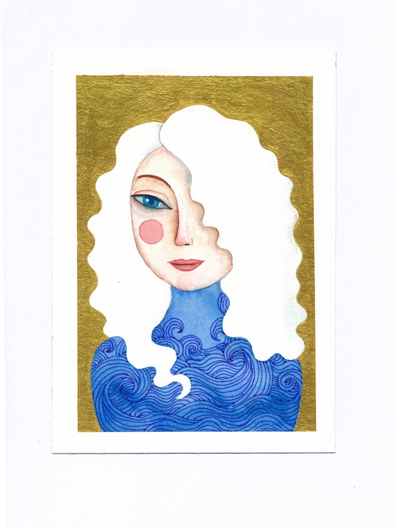 Original Painting Portrait Watercolor Gold on Paper Small Original Painting