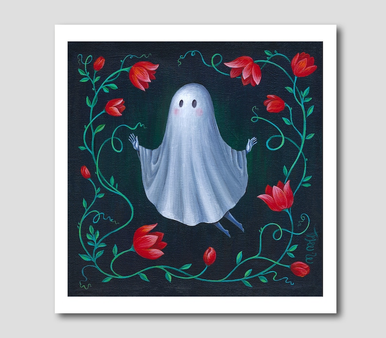 May include: A white ghost with two eyes and a mouth floats in the center of a dark blue background. The ghost is surrounded by a green vine with red flowers.