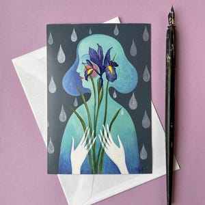 Cartolina, cartolina d'arte dipinta a mano, fiore di iris - illustrazione ad acquerello