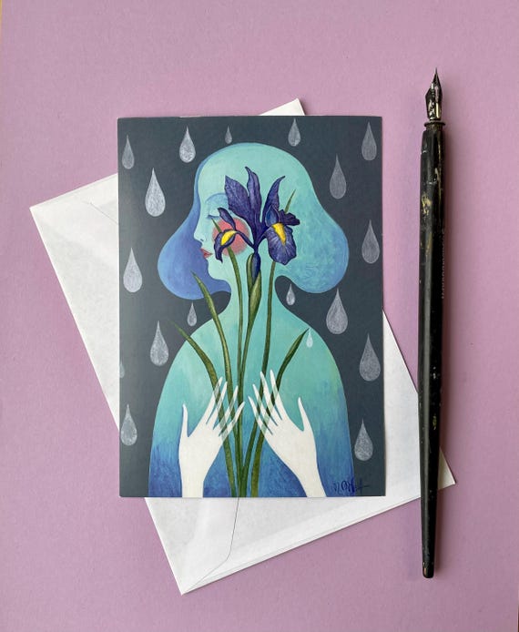 Postcard, Hand-painted art postcard Iris blossom – watercolor illustration