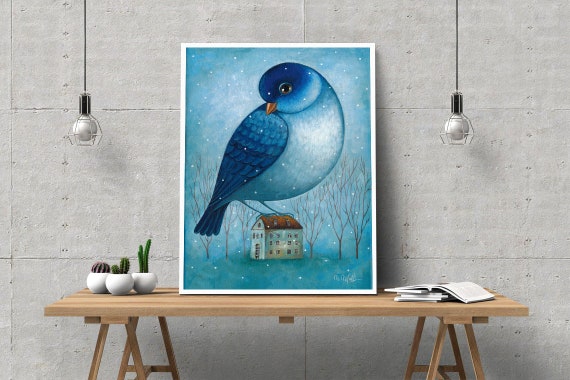 Big blue bird, original acrylic painting,  Painting on canvas original, 40 x 30 cm