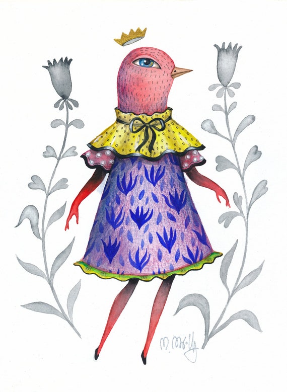 Watercolor original bird star crown, Original on Watercolor Paper, Original Painting with Passepartout