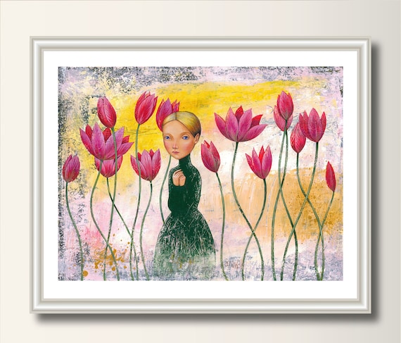 Art Print Print of Original Acrylic Picture A4 Art Poster Painting Rita Wolff, Tulips Woman in the Field of Flowers