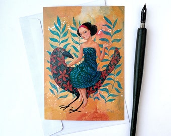 Postcard Bird and Woman. A6 art card greeting card Artist: Rita Wolff