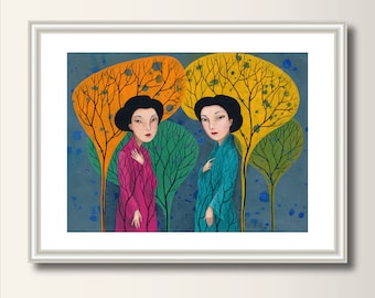 Geisha Two Women Art Print, Talk, Illustration,  Print of Original Acrylic Painting, Art Poster