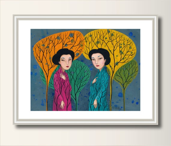 Geisha Two Women Art Print, Talk, Illustration,  Print of Original Acrylic Painting, Art Poster