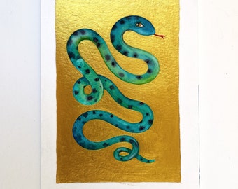 Original Painting Snake Blue Watercolor Gold on Paper Small Original Painting