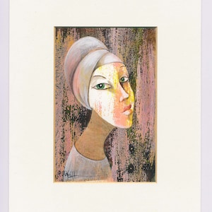Ritratto, acquerello, acrilico, tecnica mista originale su carta fatta a mano, murale piccolo, beige, tinta unita, semplice, unico dipinto a mano