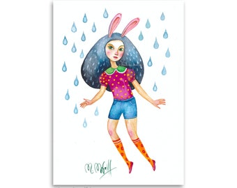 Watercolor original girl raindrop original on watercolor paper original painting